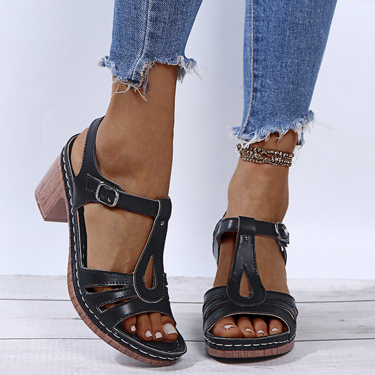 Metal Buckle Stitched Cutout Sandals